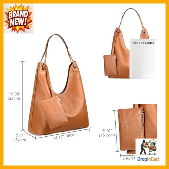 Genuine Cowhide Leather Hobo Handbag Shoulder Bag Purse with Coin Pouch